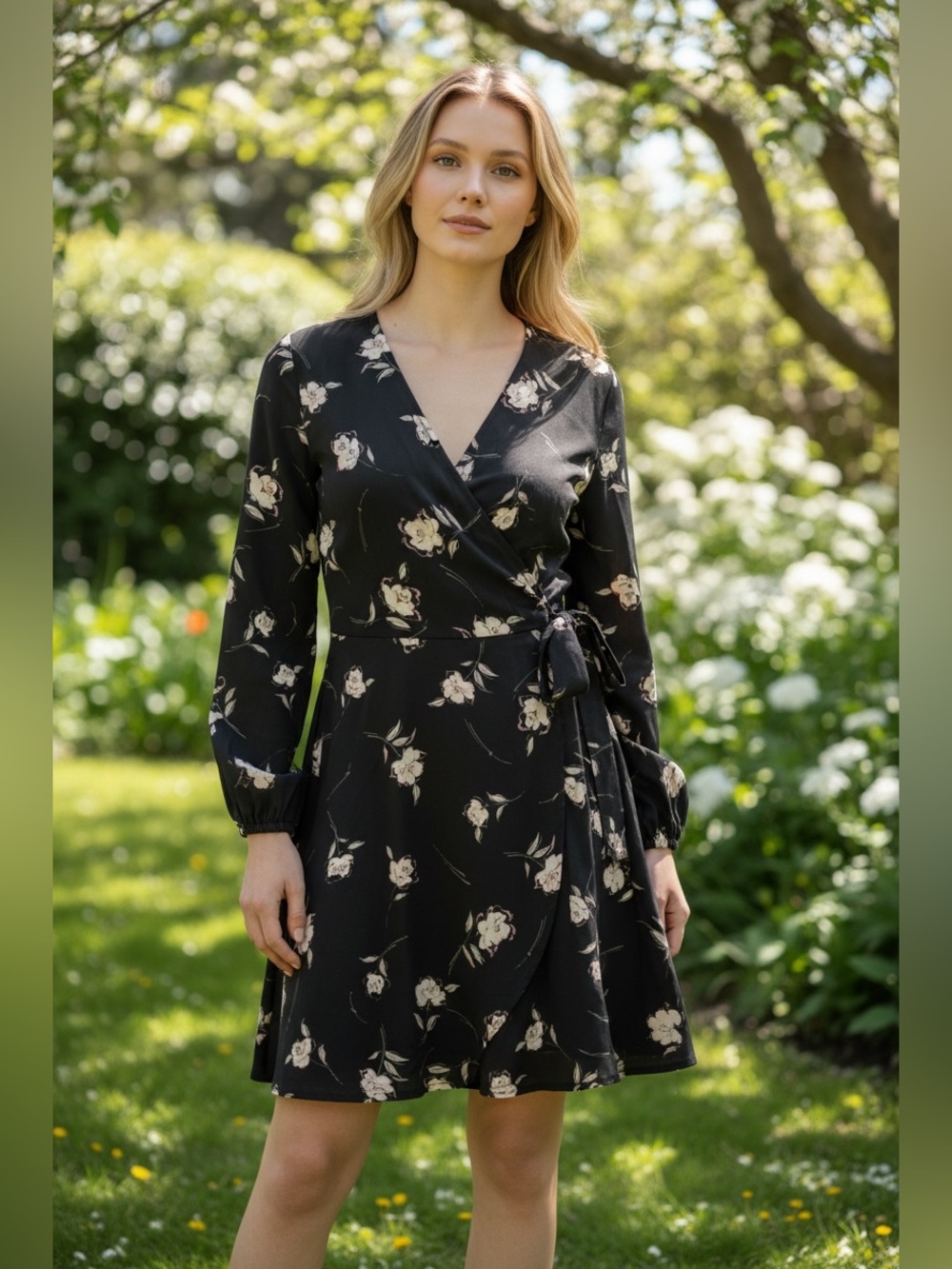 Altar'd State Black Wrap Dress with Cream Floral Print